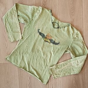 Green Long Sleeve Top with Embroidered Design